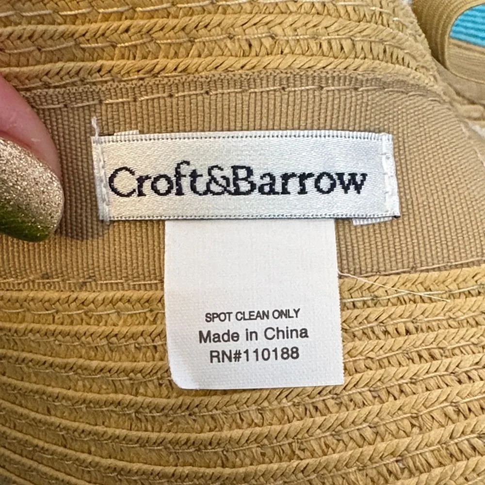 Croft & Barrow Wide Brim Tan Blue Green With Metallic Thread Bow Back Visor Hat